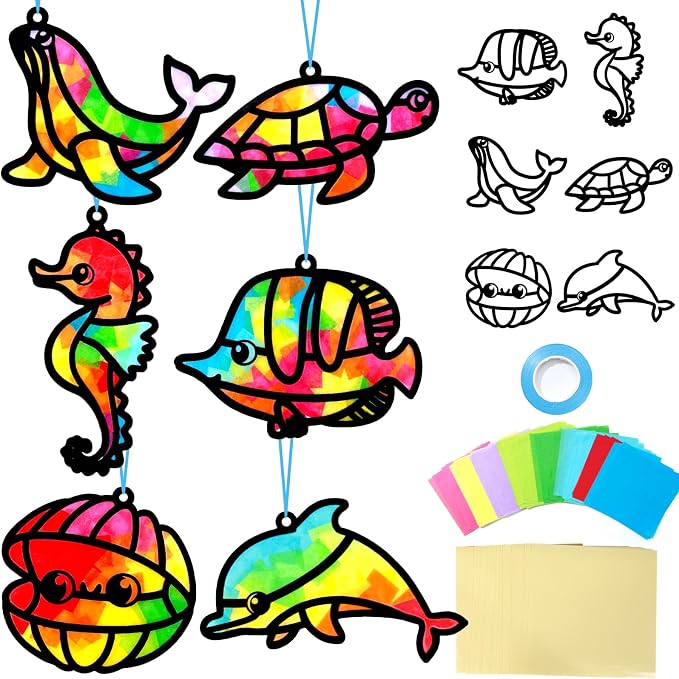 Qyeahkj 36 Set Sea Animal Suncatcher Crafts for DIY Under The Sea Window Tissue Paper Craft Kit Ocean Animal Hanging Decor for Summer Home Activity Art Project Birthday Party Favor Gift