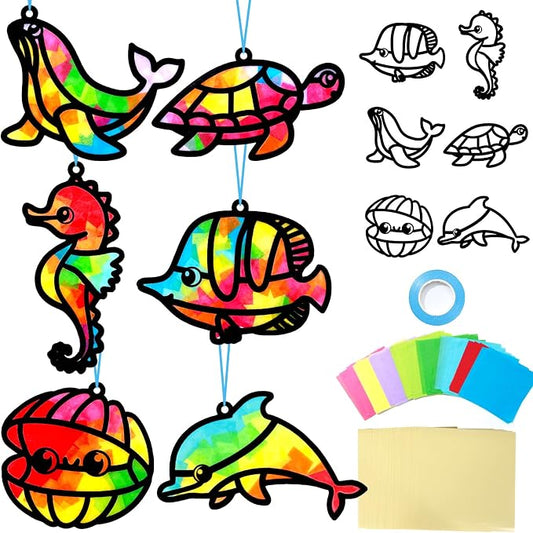 Qyeahkj 36 Set Sea Animal Suncatcher Crafts for DIY Under The Sea Window Tissue Paper Craft Kit Ocean Animal Hanging Decor for Summer Home Activity Art Project Birthday Party Favor Gift