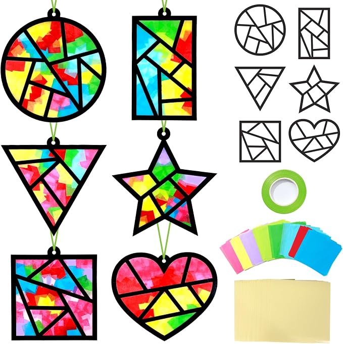 Qyeahkj 36 Set Geometric Shapes Suncatcher Crafts for DIY Star Window Tissue Paper Craft Kit Triangle Heart Hanging Decor for Summer Home Activity Art Project Birthday Party Favor Gift