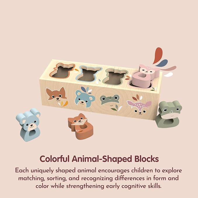 Wooden Animal Shape Box for Toddlers 12m+ Shape Sorter Toy | wooden animal shapes, shape sorter toys for toddlers, color recognition, cognitive play, fine motor skill, preschool learning