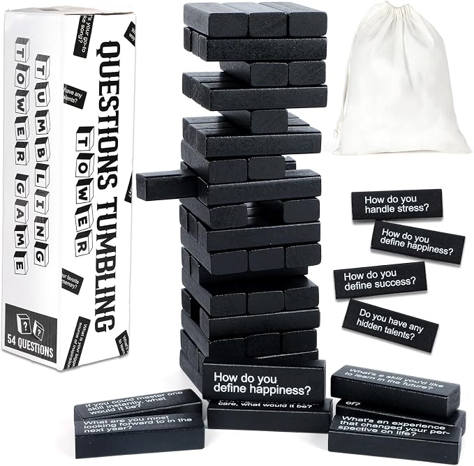 Tumbling Tower Question Game 54 Fun Conversation Starters Questions with Box and Storage Bag Wooden Tumbling Stacking Blocks for Adults Family Night Games Team-Building Get to Know Each Other