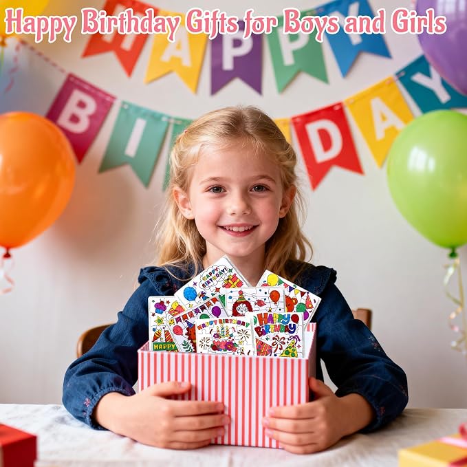 24 Sets Happy Birthday Crafts Puzzle for Kids Kit, Classroom Birthday Party Activities with Cake Hat Gift, DIY Art Color Your Own Blank jigsaw for Fall Christmas Party Favors Coloring Game Supplies