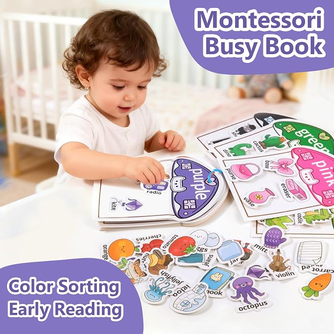 Color Sorting Montessori Busy Book for Toddlers Ages 3+, Educational Preschool Learning & Activity Books for Kids 3-5, Autism Sensory Fine Motor Skills Quiet Supplies with Matching Games