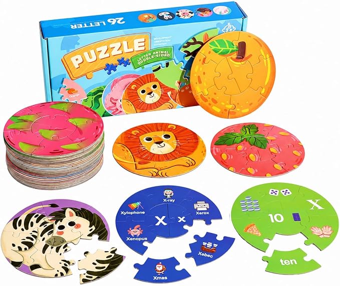 Round Matching Puzzle for Kids Ages 3+, Double Sided ABC Alphabet and Number Paper Jigsaw Game, Preschool Learning Toy for Focus