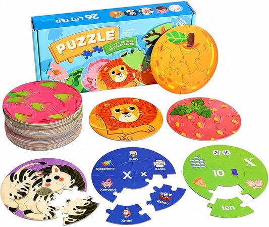 Round Matching Puzzle for Kids Ages 3+, Double Sided ABC Alphabet and Number Paper Jigsaw Game, Preschool Learning Toy for Focus