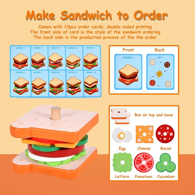 Pajojoqa Wooden Sandwich Stacking Toys, Montessori Toys for Toddlers Kitchen Play Food Educational Preschool Learning Toys Christmas Birthday Gift Kids Toys for Boys Girls 3 4 5 Years Old (Sandwich)