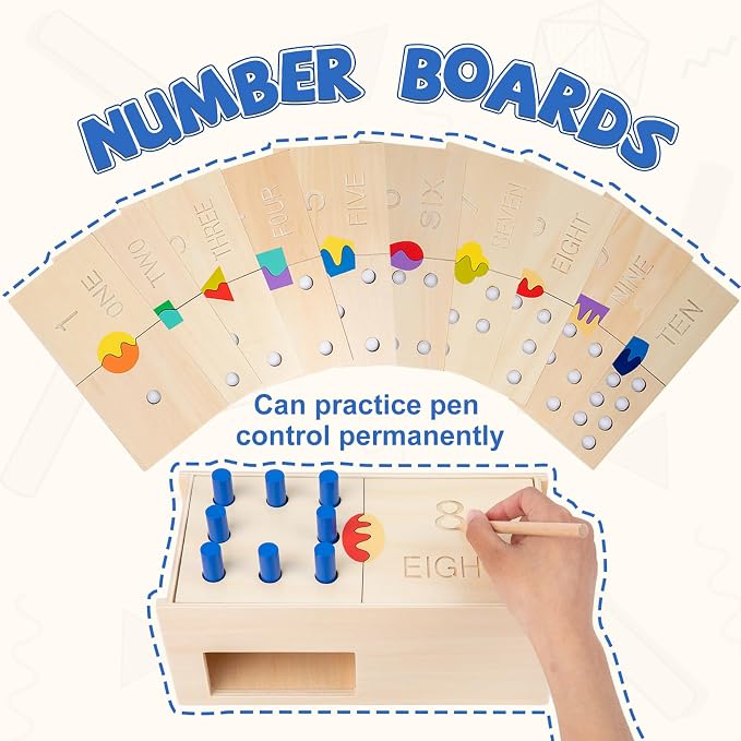 Montessori Toddler Counting Peg Board Box with Number- Wooden Counting Box Toys for Toddlers 1-3,Math Manipulatives Materials and Numbers,Montessori Toys for 3 Year Old,Large Size 10.8" X 4.9 "X 3.9"