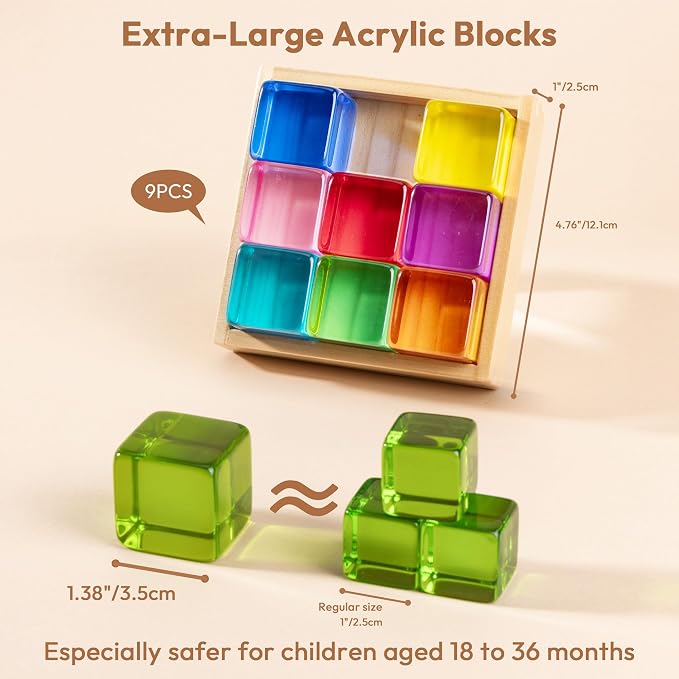 Woodtoe Large Building Blocks, Montessori Sensory Blocks for Toddlers 1-4 | Rainbow Acrylic Block Set, Montessori Toys for 1 2 3 Year Old Boy Girl, No Choking Hazard, Early Learning Kids Birthday Gifts