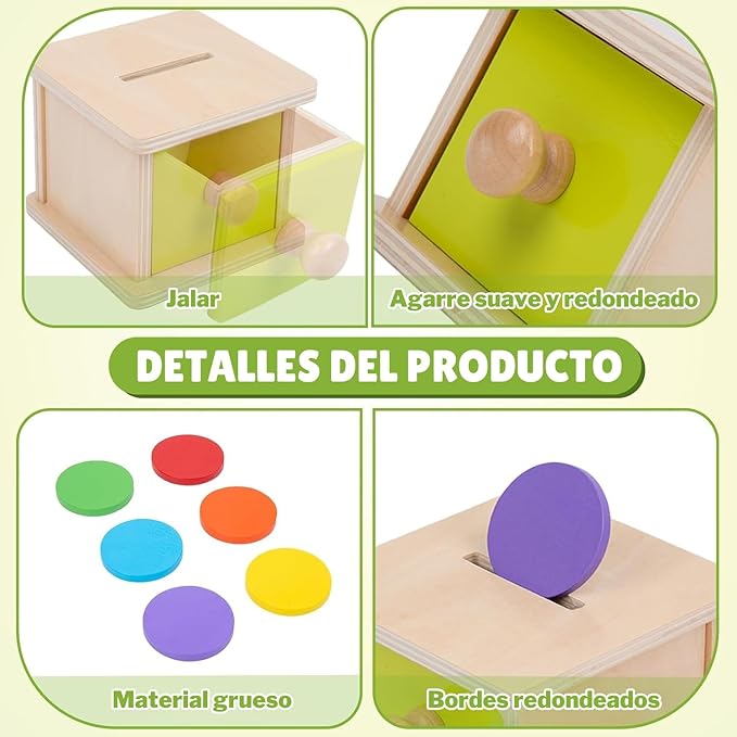 Adena Montessori Coin Box, Yellow-Green Door, 6-12m | 6 wooden coins. Flip-top door & drawer. Teaches object permanence & fine motor. Montessori toy. Gift 6-12m.