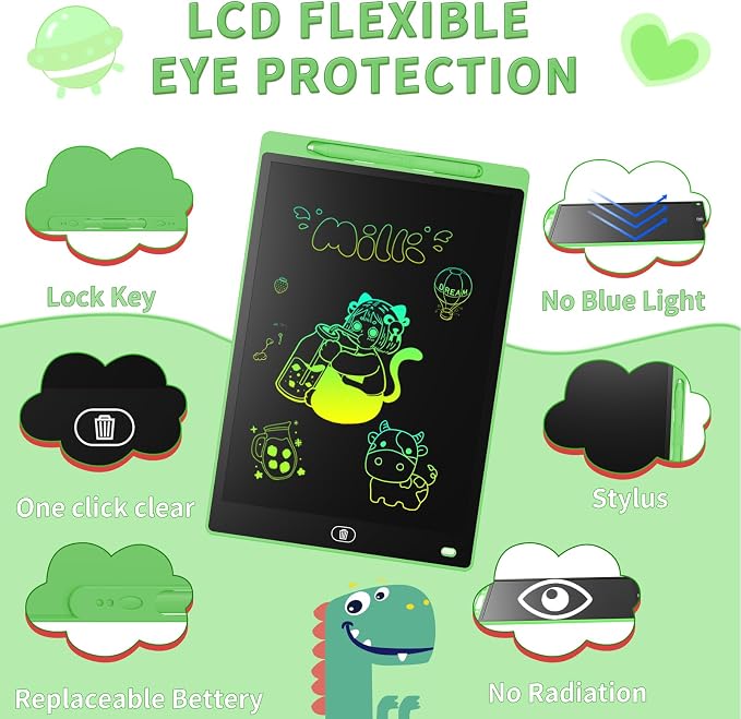 Genialba LCD Writing Board 8.5 Inches, Colourful Electronic Tablet, Portable Erasable Drawing Board, Graphic Tablet for Children's Games 3 4 5 6 7 Year Old Kid Boys Girls (Green)