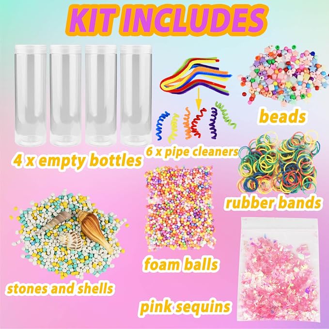 Sensory Bottle Kits for Kids, 4 Sets DIY Sensory Bottles 14 oz with Fillers, Calm Down Corner Supplies, Montessori Motor Skills Activity, Sensory Fidget Tube Toys