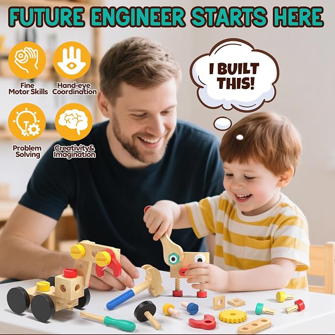 Lehoo Castle Kids Tool Set, Wooden Montessori Robot Tool Bench for Boys 3+ | Toolbox Workbench with Blackboard, STEM Construction Learning Toys for Kids Age 3-5, Birthday Gifts for Boys Girls