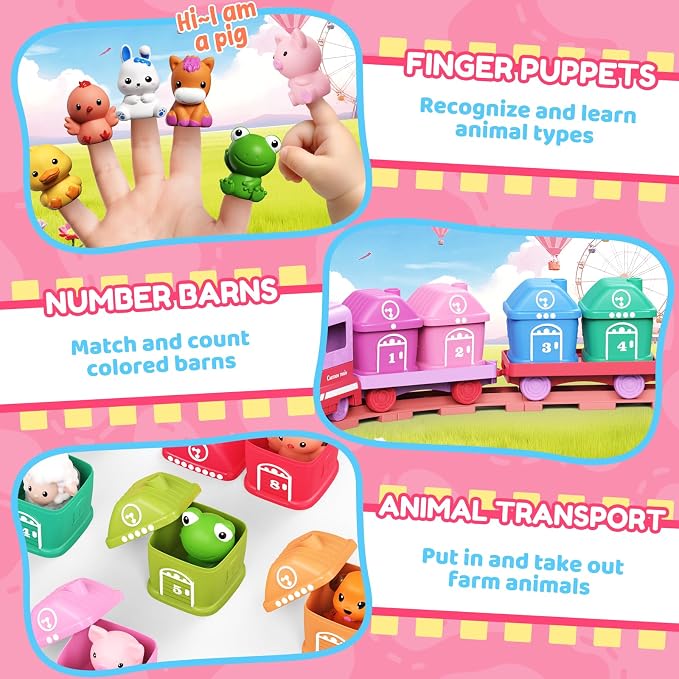 Electric Train Set for Toddlers 2-4 with Farm Animals, Music & Lights, Pink | Montessori Counting & Sorting Train Toy, 37 Pieces with 8 Farm Animal Finger Puppets and Numbered Barns for Toddler Girls