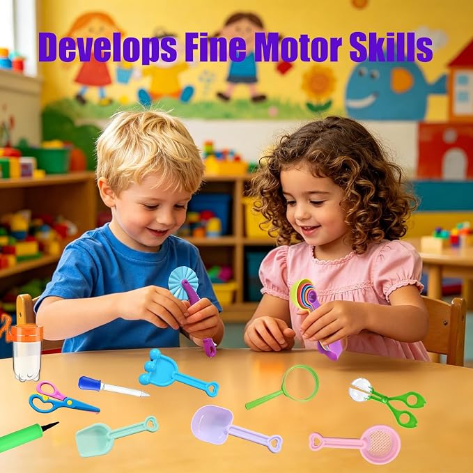 19 Pcs Sensory Bin Filler ，Sensory Bin Tools，Fine Motor Skills Handy Tools with Scoops, Tweezers, Beach Shovels, Air Pump, Scissors Clip, Magnifying Glass, Dropper, Mesh Scoop for Sensory Play