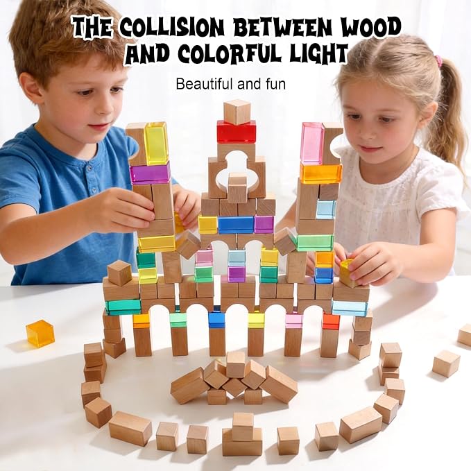 Dinhon 100Pcs Wooden & Transparent Acrylic Building Blocks Set, Beech Wood Stacking Blocks with Storage Bag, Sensory Light Construction Toy, Montessori Educational Gift for Toddler Kids 2-6 Years Old