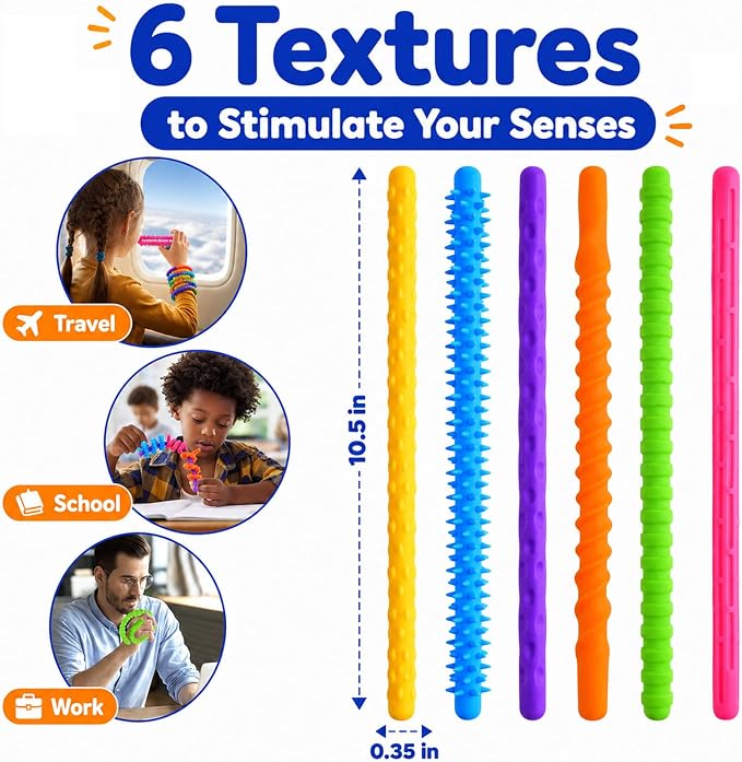 KLT Textured Fidget Sticks 24 Pack Bulk Classroom Prizes | 6 colors, 6 raised textures, bendable design, creative shaping, bulk rewards for party favors, office, gifts