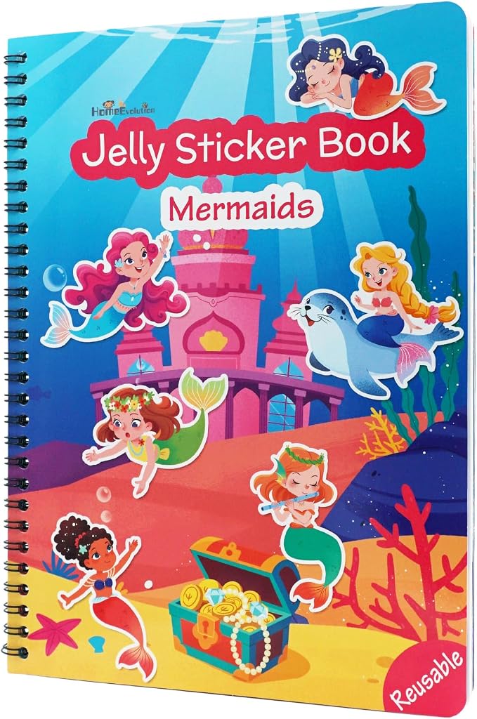 Reusable Sticker Book for Girls - Mermaid Princess Dress Up, 75 Stickers | 75 Washable Jelly Stickers, 7 Play Scenes, Mermaid Travel & Road Trip Toys, Sticker Activity Book for Toddler 1-3 & 2-4