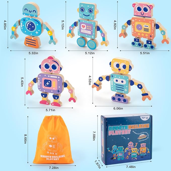 KODATEK Wooden Snap-Together Building Toys, Take Apart Robot Toys Playset | STEM Building Blocks, Fine Motor Skill, Montessori Educational Learning Toys for Boys & Girls Gift