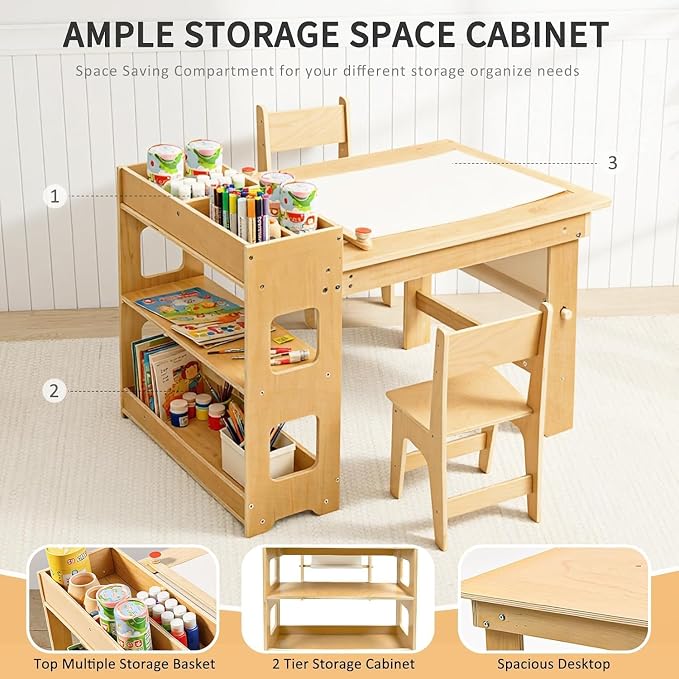 5-in-1 Kids Art Table and Chairs, Toddler Table and 2 Chairs Set FSC | Wooden Kids Craft Table with Storage Cabinet, Art Desk Activity Sensory Table with Paper Holder for Playroom Ages 2-12 Gifts