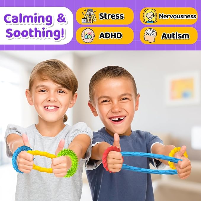 Sensory Toys Fidget Prizes for Kids Adults Autism 4 Pack Stretchy Bracelets | Textured Treasure Prizes Classroom Squishy Fidgets for Stress, Special Needs for Autistic Boys Girls Stocking Stuffers Gifts