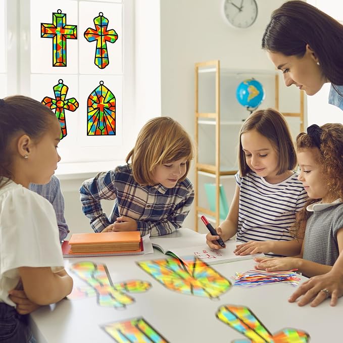 Lonfliness 32 Set Cross Suncatchers Craft DIY Religious VBS Window Stain Glass Effect Paper Christian Home Sunday Easter Decorations Art Craft Creative Activity Project Gift Favor