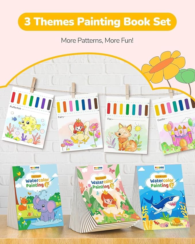 TECJOE 3 Pack Paint with Water Coloring Books for Toddlers, Mess Free Watercolor Painting Set with 6 Brushes, Travel Art Craft Activities Toys Birthday Gifts for Kids Ages 3-8, Forest, Sea & Princess | Thick Watercolor Paper With 6 Brushes, Mess Free T...