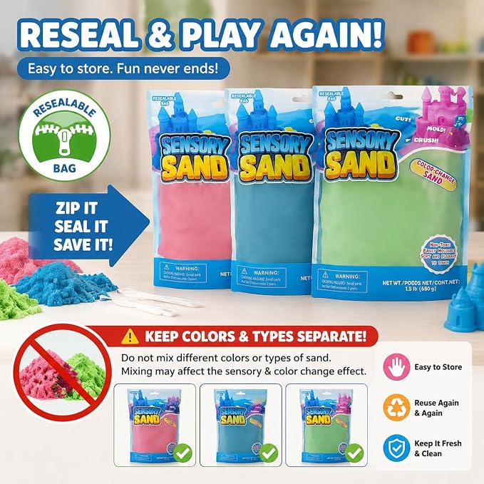 Carolart Color Changing Sensory Sand Refill 4.5lb Play Sand for Kids | Color Changing Sensory Sand Refill, 4.5lb Bulk Sensory Bin Filler, Sensory Kit, Temperature Activated Sand for Classroom