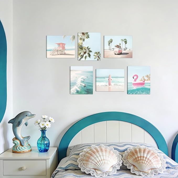 HOURIA 6Pcs Ocean Beach Canvas Wall Art Set(8”x10”), Summer Ocean Surfing Wall Decor,Coastal Seascape Themed Wall Decor,Pink Surfboard Coconut Tree Art Print for Living Room Bedroom