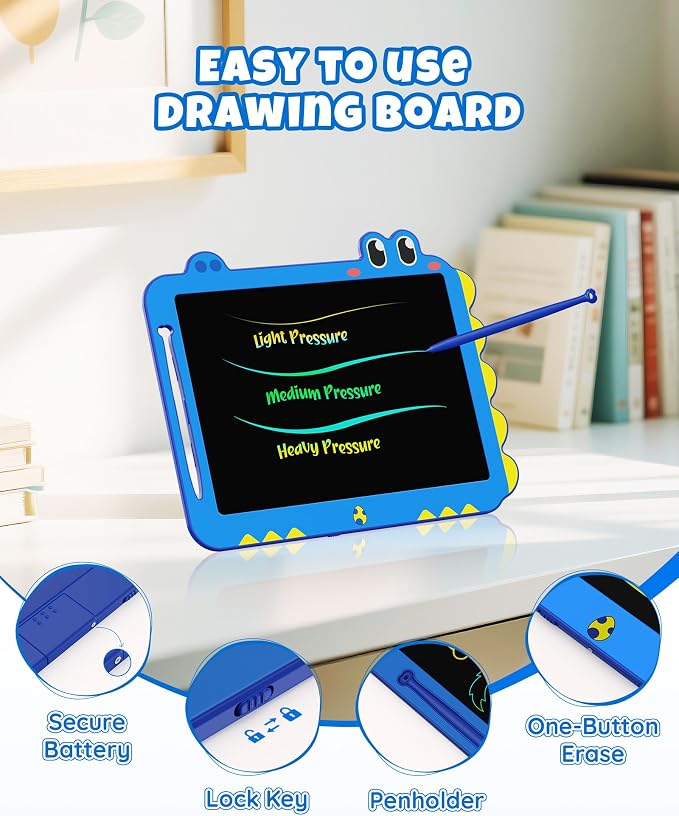 12 Inch LCD Doodle Board Tablet Toy - Green Dinosaur Drawing Pad for Kids 3-6 Years Old - Christmas and Birthday Gifts Blue