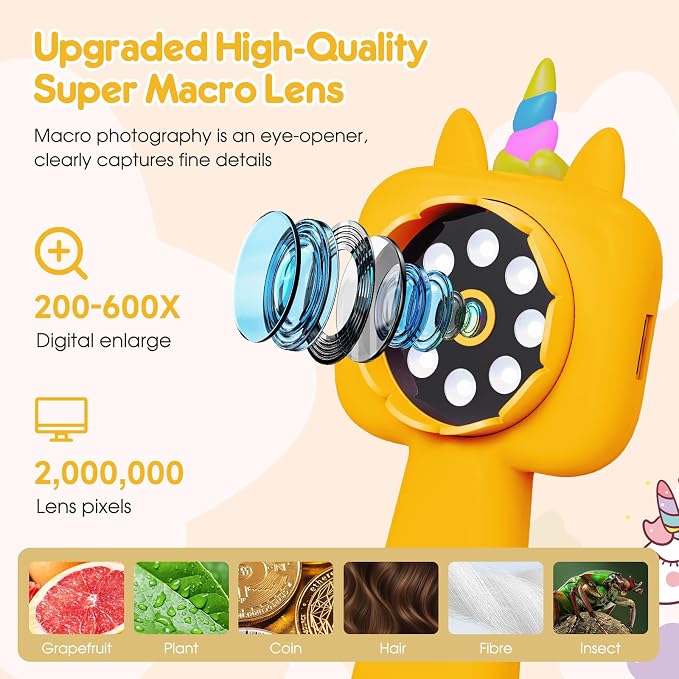 2.4" Screen Handheld Microscope for Kids, 600X Digital 4K Kids Microscope, 8 LEDs Pocket Microscope, Portable Edu Toy for Ages 3-12 Boys& Girls Exploring Bugs Plants at Home & Outdoor Travel(Yellow)