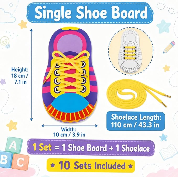 10 Sets Educational Kids Shoelace Tying Practice Toy Set | Interactive Lacing Board Set Builds Dexterity And Independence Teaching Tool of Essential Daily Living Skills