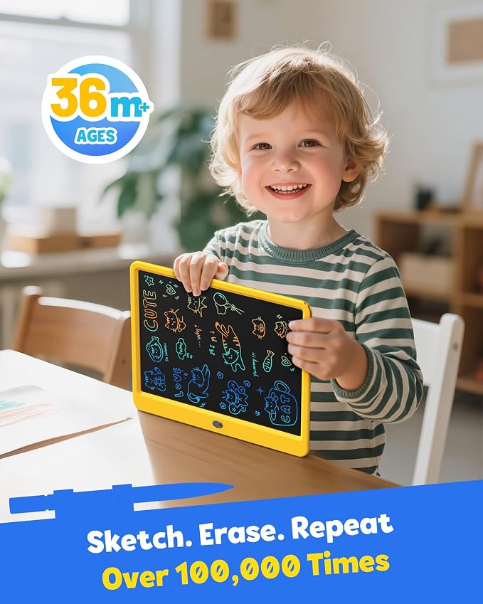 12 Inch LCD Writing Tablet for Kids, Coloring Drawing Pad, Mess Free Doodle Board, Airplane Travel Toys for Boys and Toddlers, Road Trip Essentials, Gifts for 3-8 Year Old Girls (Yellow)