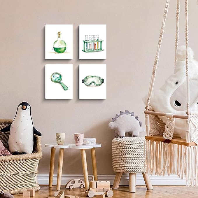 Framed Science Wall Art Canvas Prints,Microbiology Chemistry Wall Prints | Colorful and Interesting Science Explore Canvas Posters for Laboratory Kids Classroom Bulletin Board Decor Set of 4 (8"x10")