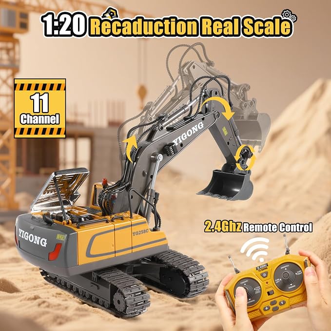 LUDILO Remote Control Excavator Toys for 6 Year Old Boys Birthday Gifts | 11CH 2.4GHz Cars RC Excavator/Construction Toys Digger Truck/Metal Shovel Sound Light/Kids Boys Toys Age 6-8 Years Old Gifts