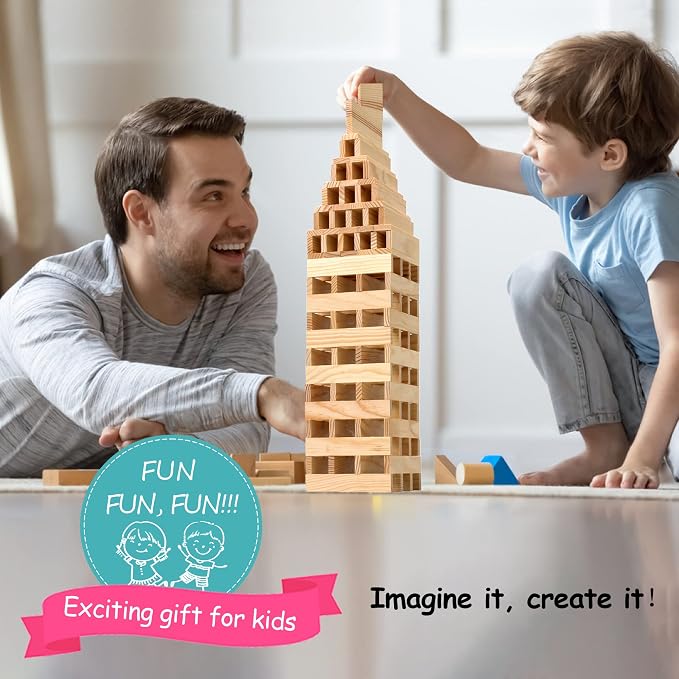 100pcs Classic Wooden Building Blocks Set,Solid STEM Building Toys for Kids, Preschool Learning Montessori Toys for Toddlers, Boys & Girls Birthday Gift (Log Color)