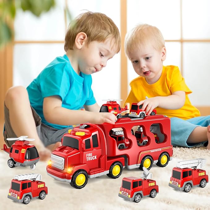 Bennol Fire Truck Toy Set for Kids Toddlers Ages 3-5: Fire Engine with Extendable Ladder & Helicopter | Friction Powered Toy Cars for Boys Girls Gifts1 2 3 4 5 Years Old
