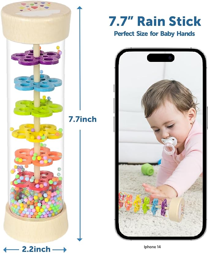 Rain Stick Montessori Baby Toys for 6-12 Months 1 Year Old, Wooden Rainmaker Infant Musical Sensory Toy, Baby Shower Gift for Newborn Toddler Boys Girls, 7.7"