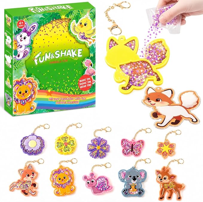 Shake-its Glitter Craft Kits for Kids, DIY Arts & Crafts with Keychains | Fun Shake Art Supplies, Animals & Flowers, Christmas Birthday Gifts for Girls & Boys Ages 4 5 6 7 8 9