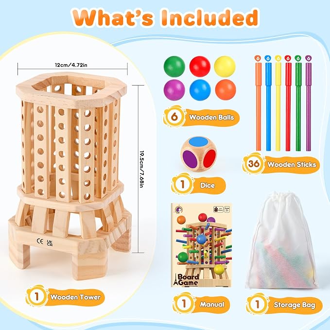 Montessori Wooden Board Game, Colorful Sticks & Ball Drop Games for Kids, Fine Motor Skills & Math Learning Toy for 3 4 5 6 Year Old, 2-6 Player Family Travel Game, Birthday Gift for Boys Girls Age 3+