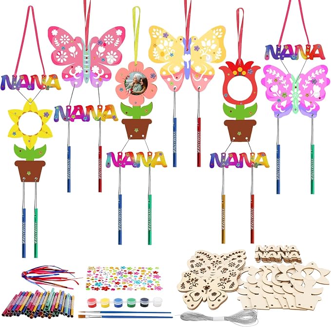 Fennoral 12 Pack Wind Chime Craft Kit for Grandma Make You Own for Nana from Granddaughter Grandson Grandchildren Grandkids Wooden DIY Coloring Mothers Day Art and Craft for Kids