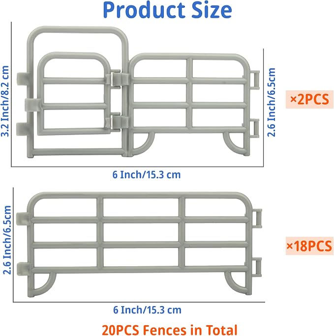 TOYMANY 20PCS Plastic Fence Toys Corral Fencing Panel Accessories Playset | Includes 2 Gates Fences, for Barn Paddock Horse Stable or Farm Animals Horses Figurines, Educational Gift for Kids Toddler