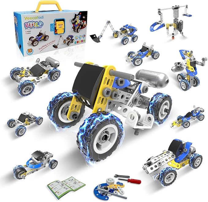 10 in 1 STEM Toys for 5 Year Old Boy, Building Toys for Kids Ages 4-8 5-7 6-8, STEM Engineering Construction Kit with Electric Motor, Educational Science Gift for 5 Year Old Boys