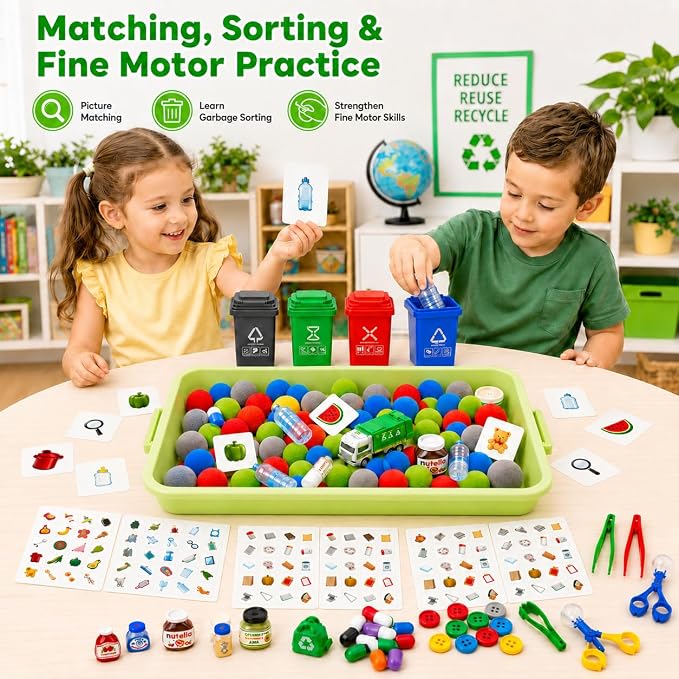 Cinrobiye 163 Pcs Recycling Sorting Activity Set, Earth Day Learning Game with Sorting Bins, Classification Cards and Fine Motor Activities for Preschool Classroom, STEM Educational Learning Supplies