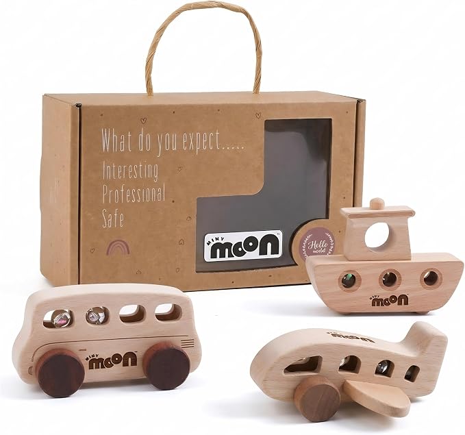 Wooden Baby Toys - Montessori Toys for 1 Year Old, 3-Piece Set with Bus, Airplane & Wooden Toy Cars - Teething Safe, Minimalist Nursery Decor, Toddler Gift for Boys & Girls