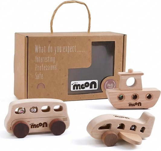 Wooden Baby Toys - Montessori Toys for 1 Year Old, 3-Piece Set with Bus, Airplane & Wooden Toy Cars - Teething Safe, Minimalist Nursery Decor, Toddler Gift for Boys & Girls
