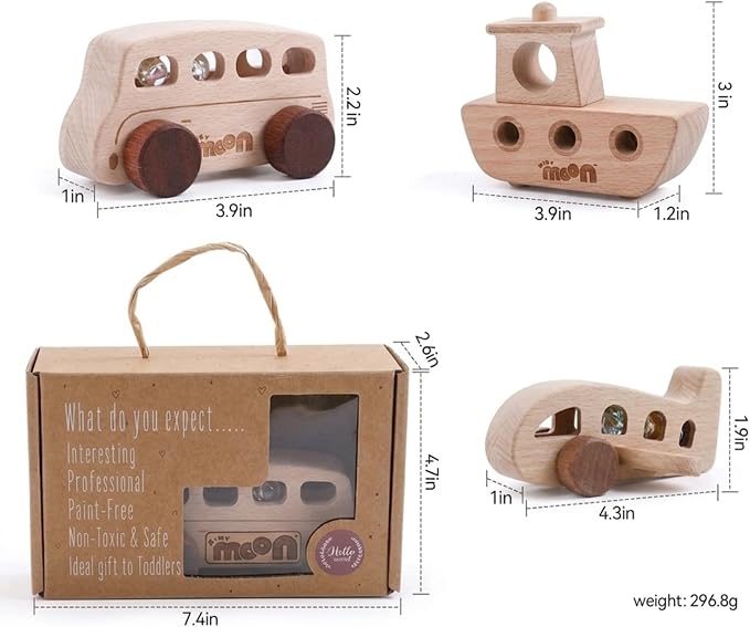 Wooden Baby Toys - Montessori Toys for 1 Year Old, 3-Piece Set with Bus, Airplane & Wooden Toy Cars - Teething Safe, Minimalist Nursery Decor, Toddler Gift for Boys & Girls