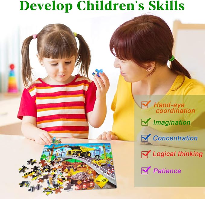LELEMON Puzzles for Kids Ages 4-8,Construction Site 100 Piece Puzzles for Kids,Educational Kids Puzzles Jigsaw Puzzles in a Metal Box,Children 100 Piece Puzzle Games Puzzle Toys for Girls and Boys | Construction Site Kids Puzzles Jigsaw Puzzles for Kid...