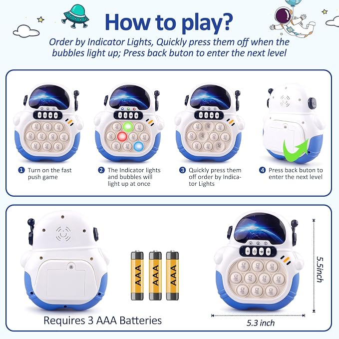 Blackma Fast Push Fidget Toy - Handheld Light Up Sensory Puzzle Game for Kids, Birthday & Easter Gift for Boys Girls Ages 3-12 (Blue-Astronaut)