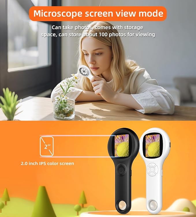Microscope for Kids, Portable Digital Microscope with 500X Magnifying Glass, Handheld Camera Mini Pocket Magnification, Educational Christmas Birthday Gifts for Ages 4 5 6 7 8 9 10 11 12