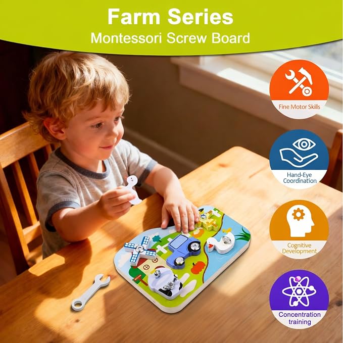 Wooden Montessori Farm Screwdriver Board, 16-Piece Toy for Kids Ages 3+ | Removable parts and child-sized tools for matching varied screw types and fine motor practice